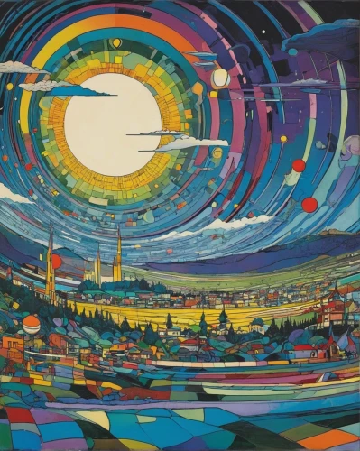 shirakami-sanchi,panoramical,space art,heliosphere,night scene,colorful spiral,sky city,cityscape,planet eart,aurora village,colorful city,solar wind,psychedelic art,phase of the moon,summer solstice,futuristic landscape,carol colman,solar system,city skyline,skywatch,Illustration,American Style,American Style 14