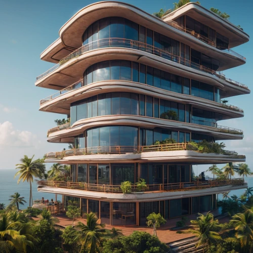 tropical house,uluwatu,residential tower,dunes house,futuristic architecture,modern architecture,floating island,luxury property,condominium,hotel riviera,3d rendering,balconies,sky apartment,penthouse apartment,floating islands,holiday villa,lavezzi isles,ocean view,artificial island,seaside resort,Photography,General,Sci-Fi