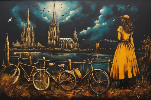 woman bicycle,artistic cycling,girl with a wheel,oil painting on canvas,bicycle,bicycle ride,bicycles,city scape,art painting,cyclist,bicycling,transistor,oil on canvas,oil painting,city bike,girl in a long,italian painter,bicycle riding,city ​​portrait,meticulous painting,Illustration,Realistic Fantasy,Realistic Fantasy 34