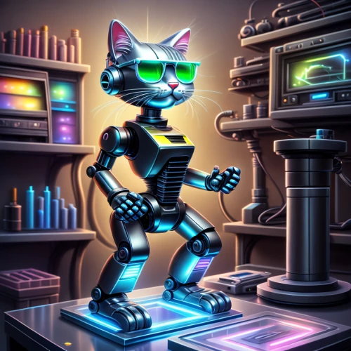 sci fiction illustration,cyber,cybernetics,chat bot,lab mouse icon,microchips,microchip,cat vector,robotic,cyberpunk,researcher,cartoon cat,game illustration,shopkeeper,robotics,book electronic,chemist,robot,barebone computer,3d figure