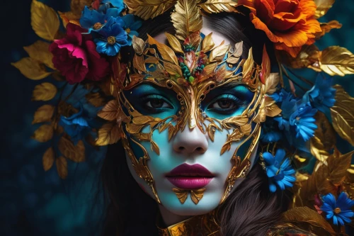 venetian mask,masquerade,golden mask,golden wreath,gold mask,face paint,girl in a wreath,fantasy portrait,the carnival of venice,masque,mystical portrait of a girl,headdress,faery,kahila garland-lily,faerie,masks,floral wreath,bodypainting,faun,girl in flowers,Photography,Artistic Photography,Artistic Photography 08