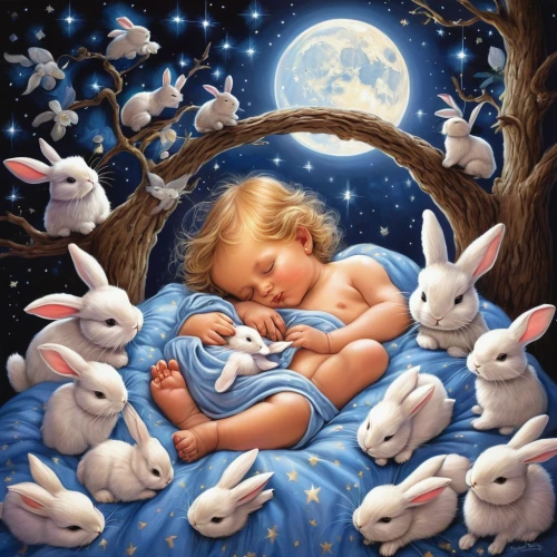 children's background,dream world,rabbit family,rabbits and hares,baby bed,children's fairy tale,baby stars,dreamland,little angels,bunnies,sleeping,white bunny,baby room,rabbits,nursery decoration,oil painting on canvas,little rabbit,good night,little bunny,room newborn,Illustration,American Style,American Style 07