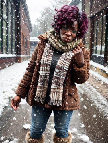 eskimo,monchhichi,cold winter weather,the snow queen,snow angel,the snow falls,dwarf ooo,let it snow,in the snow,snowing,winters,winter time,afroamerican,winter storm,snow rain,parka,outerwear,snowfall,snowy,african american woman