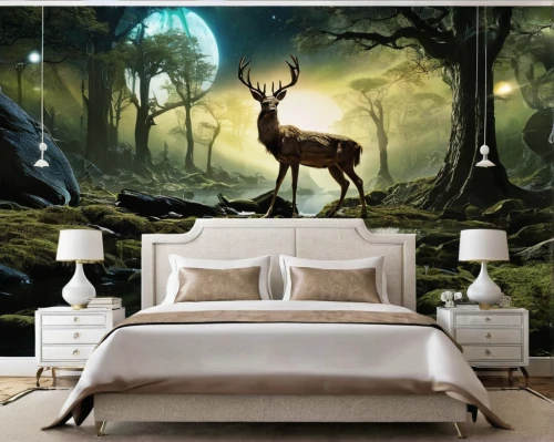 wall sticker,duvet cover,antler velvet,enchanted forest,sleeping room,forest animals,forest of dreams,wall decor,deer illustration,children's bedroom,fantasy picture,great room,forest background,deers,woodland animals,nursery decoration,bedding,canopy bed,wall decoration,deer,Conceptual Art,Sci-Fi,Sci-Fi 13