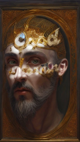 custom portrait,art nouveau frame,fantasy portrait,art nouveau frames,gold frame,gold crown,self-portrait,golden mask,gold mask,poseidon god face,copper frame,imperial crown,golden crown,diadem,pferdeportrait,golden frame,masquerade,artist portrait,emperor,king caudata,Calligraphy,Painting,Mythicism