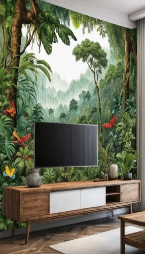 tropical jungle,tv cabinet,living room modern tv,plasma tv,entertainment center,television set,smart tv,tropical house,room divider,projection screen,flat panel display,modern decor,hdtv,tv set,tropical floral background,cartoon video game background,chinese screen,jungle,aquarium decor,tropics,Illustration,Black and White,Black and White 27