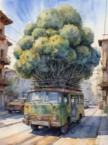 watercolor tree,painted tree,palma trees,vanagon,vwbus,volkswagenbus,olive tree,fiat 500 giardiniera,vw bus,vw van,bonsai,fig tree,watercolor shops,potted tree,flourishing tree,tangerine tree,van,mirabelle tree,renault 4,the japanese tree,Illustration,Realistic Fantasy,Realistic Fantasy 28