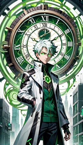 clockmaker,watchmaker,time spiral,patrol,clock,clockwork,clock face,emerald,clock hands,green and white,spiral background,umiuchiwa,riddler,grandfather clock,yukio,time traveler,magician,pendulum,time pointing,flow of time,Anime,Anime,General