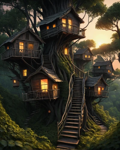 tree house,tree house hotel,treehouse,house in the forest,wooden house,log home,wooden houses,crooked house,little house,home landscape,tree tops,hanging houses,witch's house,fairy house,beautiful home,hobbiton,timber house,ancient house,treetops,wooden hut,Illustration,Realistic Fantasy,Realistic Fantasy 17