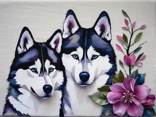 huskies,husky,flower painting,wolf couple,two wolves,color dogs,flower art,canidae,cartoon flowers,flowers png,sakhalin husky,pawprints,canines,kiss flowers,twin flowers,watercolor dog,custom portrait,dogwood family,three flowers,floral background,Illustration,Paper based,Paper Based 06