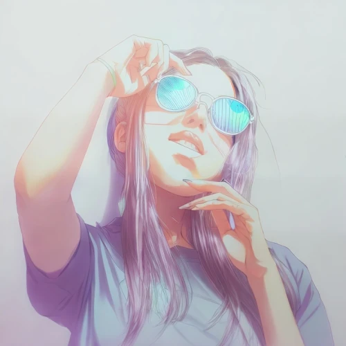 anaglyph,sunglasses,girl with speech bubble,color glasses,sun glasses,anime 3d,2d,rainbow pencil background,sunglass,shades,lens flare,colored pencil background,swimming goggles,gradient effect,digital painting,transparent background,vapor,light leak paper,cyan,3d,Design Sketch,Design Sketch,Character Sketch