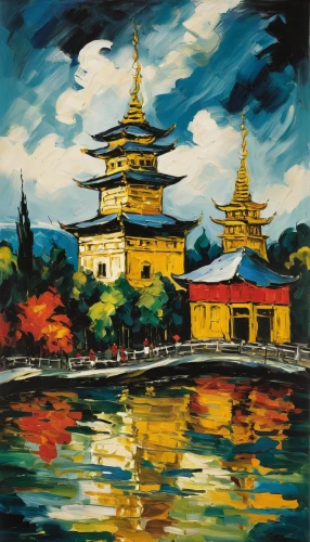 khokhloma painting,pagoda,water palace,kuthodaw pagoda,mekong,the golden pavilion,golden temple,golden pavilion,gwangokji,hanoi,drum tower,cơm tấm,hall of supreme harmony,kaew chao chom,chạo tôm,chiang mai,west lake,oil painting,gilnyangyi,mì quảng,Art,Artistic Painting,Artistic Painting 37