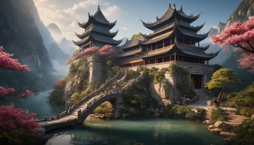 chinese temple,chinese architecture,asian architecture,tigers nest,forbidden palace,fantasy landscape,hanging temple,chinese art,chinese background,buddhist temple,water palace,yunnan,oriental,guilin,stone lotus,huashan,dragon palace hotel,chinese style,wuyi,dragon bridge