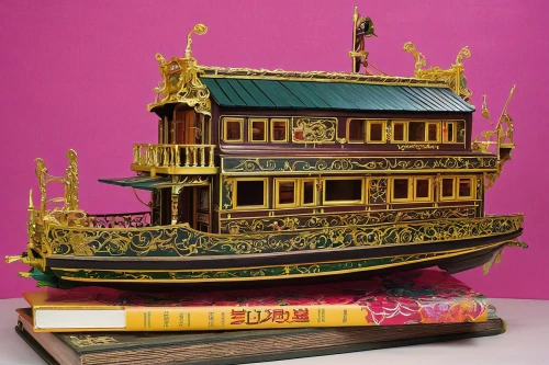 the golden pavilion,model house,golden pavilion,forbidden palace,golden temple,incense burner,two-handled sauceboat,pineapple boat,chinese takeout container,crane vessel (floating),houseboat,incense with stand,treasure house,miniature house,scale model,picnic boat,music box,buddha tooth relic temple,dolls houses,chinese temple,Illustration,Japanese style,Japanese Style 13