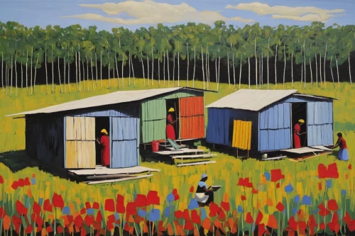 sheds,beach huts,huts,stilt houses,garden buildings,garden shed,david bates,hanging houses,holiday home,chalets,floating huts,cube stilt houses,shed,yurts,australian daisies,outhouse,quilt barn,cottages,farm hut,inverted cottage,Art,Artistic Painting,Artistic Painting 23