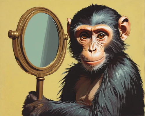 chimpanzee,primate,chimp,common chimpanzee,makeup mirror,magic mirror,monkeys band,self-portrait,the mirror,macaque,primates,ape,self portrait,great apes,self-reflection,rhesus macaque,monkey,reading magnifying glass,monkey wrench,icon magnifying,Illustration,American Style,American Style 11