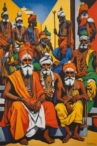 indian art,african art,khokhloma painting,afar tribe,african culture,sadhus,oil painting on canvas,anmatjere women,indigenous painting,african masks,benin,wise men,angolans,orientalism,orange robes,group of people,indians,oil on canvas,rajasthan,men sitting,Art,Artistic Painting,Artistic Painting 39