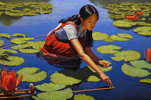 water lilies,lotus on pond,lotus flowers,lotus pond,lotus plants,vietnamese woman,water lotus,white water lilies,lotus blossom,chinese art,lotuses,waterlily,girl picking flowers,red water lily,floating market,viet nam,water lily,water lilly,aquatic plant,flower painting,Illustration,Retro,Retro 24