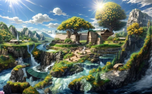 fantasy landscape,landscape background,fantasy picture,3d fantasy,fairy world,cartoon video game background,fantasy world,fantasy art,world digital painting,fairy village,nature landscape,children's background,home landscape,an island far away landscape,wasserfall,background with stones,dream world,beautiful landscape,high landscape,3d background