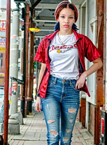 retro woman,retro women,retro girl,vintage clothing,jeans background,retro styled,retro look,retro diner,street fashion,red tones,fire red,rags,denims,grunge,concrete chick,retro style,denim background,americana,girl in overalls,harlem