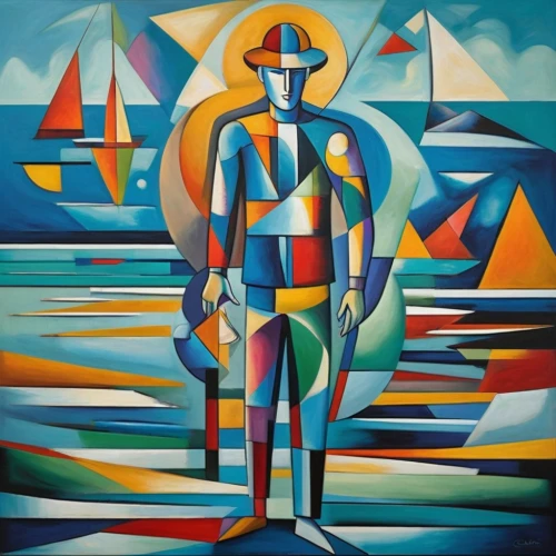 pilgrim,man at the sea,geometric body,regatta,cubism,medicine icon,way of the cross,pedestrian,el mar,oil on canvas,standing man,samaritan,seafarer,picasso,man with a computer,andreas cross,el salvador dali,advertising figure,church painting,contemporary witnesses,Art,Artistic Painting,Artistic Painting 45