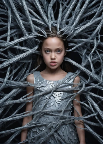 chain mail,queen cage,chainlink,silver,aluminium foil,steelwool,bjork,aluminum foil,aluminum,conceptual photography,prisoner,thrones,digital compositing,wire mesh,artificial hair integrations,cybernetics,silvery,children is clothing,woven,harness cocoon,Photography,Artistic Photography,Artistic Photography 11