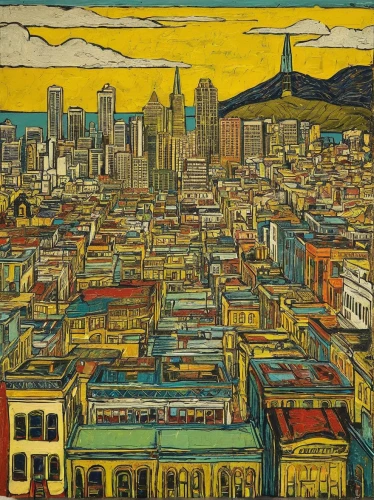 san francisco,sanfrancisco,oakland,city scape,city skyline,bay area,city cities,city view,david bates,cityscape,colorful city,los angeles,cities,big city,cool woodblock images,san diego skyline,the city,moc chau hill,skyline,metropolises,Art,Artistic Painting,Artistic Painting 07