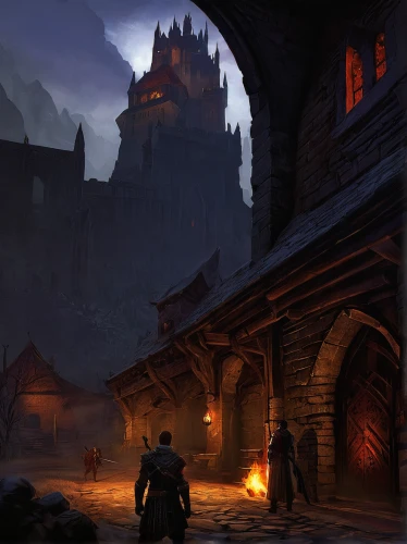 castle iron market,medieval town,medieval street,mountain settlement,castle of the corvin,knight village,game illustration,blacksmith,peter-pavel's fortress,dracula castle,night scene,concept art,old town,medieval,witch's house,hamelin,night watch,hall of the fallen,knight's castle,tavern,Illustration,Abstract Fantasy,Abstract Fantasy 15