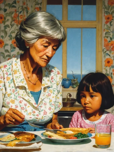 woman holding pie,girl with cereal bowl,grandmother,girl with bread-and-butter,girl in the kitchen,little girl and mother,grandma,nanny,grama,elderly lady,oil painting,meticulous painting,oil painting on canvas,elderly person,grandparents,domestic life,pensioner,italian painter,nanas,soup kitchen,Conceptual Art,Sci-Fi,Sci-Fi 08
