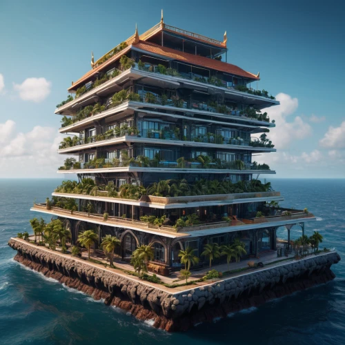 artificial island,floating islands,house of the sea,floating island,asian architecture,artificial islands,imperial shores,tropical house,pagoda,stone pagoda,very large floating structure,island suspended,residential tower,cube stilt houses,stilt house,bonsai,feng shui,seaside resort,islet,nonbuilding structure,Photography,General,Sci-Fi