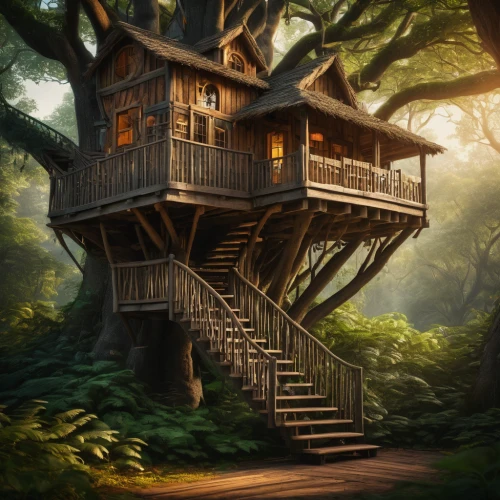tree house,tree house hotel,treehouse,house in the forest,wooden house,stilt house,crooked house,witch's house,ancient house,tree stand,timber house,fairy house,treetop,two story house,little house,witch house,tree top path,fantasy picture,tree top,home landscape,Photography,General,Fantasy