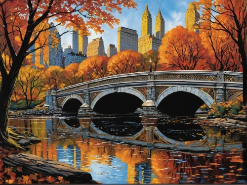 fall landscape,autumn landscape,stone arch,central park,tied-arch bridge,autumn idyll,fall picture frame,arch bridge,fall foliage,city scape,david bates,autumn background,autumn scenery,art painting,autumn icon,oil painting on canvas,autumn frame,scenic bridge,autumn in the park,one autumn afternoon,Illustration,American Style,American Style 04
