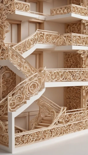 wooden stair railing,wooden stairs,winding staircase,circular staircase,wooden construction,staircase,spiral staircase,ornamental wood,patterned wood decoration,outside staircase,wood structure,spiral stairs,woodwork,mouldings,wood carving,the laser cuts,entablature,stair,laminated wood,banister,Unique,Paper Cuts,Paper Cuts 09
