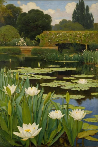 white water lilies,lilly pond,lily pond,lotus on pond,water lilies,lotus pond,lilies of the valley,lillies,lotuses,lilly of the valley,nelumbo,lilies,lily pads,lotus flowers,pond flower,narcissus,waterlily,l pond,lotus,idyll,Art,Classical Oil Painting,Classical Oil Painting 22