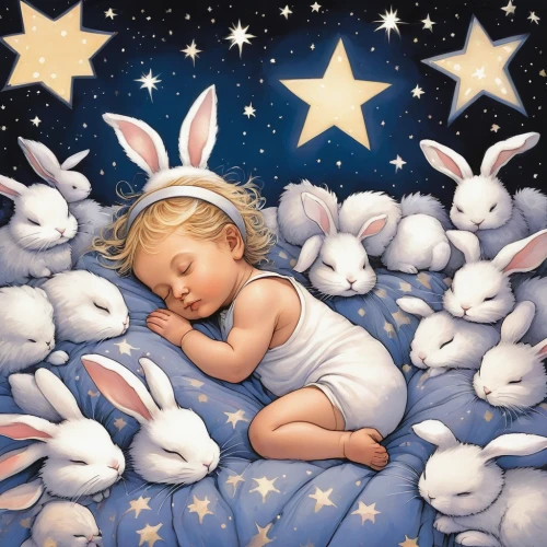 baby stars,children's background,little bunny,little rabbit,rabbits and hares,white bunny,bunnies,little angels,sleeping,baby bunny,nursery decoration,baby bed,rabbit family,baby rabbit,good night,dream world,sleep,baby room,children's fairy tale,room newborn,Illustration,American Style,American Style 06