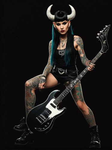 rocker,tattoo girl,lady rocks,rockabella,bass guitar,rock music,epiphone,punk design,rock n roll,punk,rockabilly,rockabilly style,poison,guitar,electric guitar,merle black,rock 'n' roll,goth woman,bad girl,rock'n roll,Illustration,American Style,American Style 14