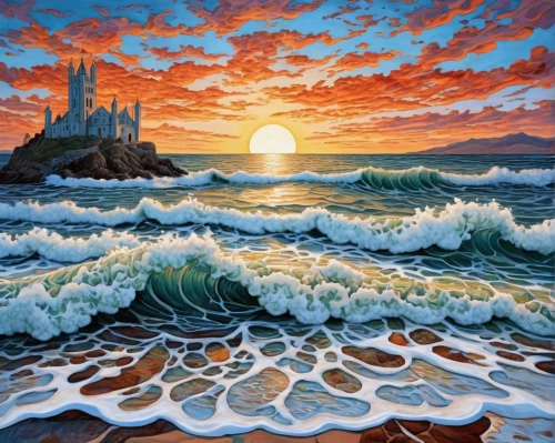 sea landscape,seascape,beach landscape,sand art,fractals art,ocean waves,coastal landscape,water waves,sand waves,sea fantasy,sand castle,landscape with sea,tide pool,underwater landscape,tidal wave,coast sunset,gaudí,erosion,sea,sun and sea,Illustration,Realistic Fantasy,Realistic Fantasy 42