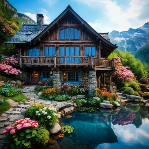 house in mountains,house in the mountains,house with lake,beautiful home,summer cottage,home landscape,the cabin in the mountains,house by the water,alpine village,swiss house,cottage,pool house,chalet,switzerland,traditional house,roof landscape,wooden house,garden pond,bernese oberland,mountain huts,Photography,General,Fantasy
