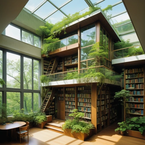 bookshelves,grass roof,study room,reading room,bookcase,conservatory,tree house,frame house,green living,bookshelf,japanese architecture,eco-construction,library,greenhouse,cubic house,bamboo plants,herbarium,great room,sky ladder plant,glass roof,Illustration,Realistic Fantasy,Realistic Fantasy 04