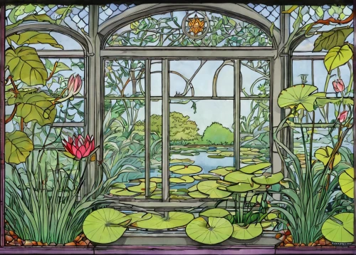 art nouveau frame,leaded glass window,stained glass window,art nouveau,art nouveau design,botanical frame,art nouveau frames,lilly pond,stained glass,stained glass windows,floral and bird frame,conservatory,lily pond,stained glass pattern,mainau,hare window,orangery,flower frame,floral frame,art deco border,Illustration,American Style,American Style 13