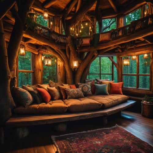 tree house hotel,tree house,treehouse,the cabin in the mountains,warm and cozy,great room,log cabin,cabin,log home,beautiful home,wooden beams,hobbiton,house in the forest,rustic,living room,ornate room,cozy,livingroom,loft,porch swing,Photography,General,Fantasy