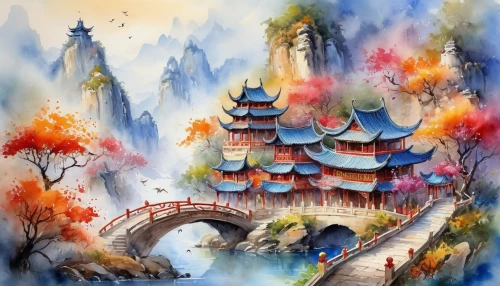 shanghai disney,chinese art,fairy tale castle,chinese temple,fantasy landscape,forbidden palace,chinese architecture,autumn landscape,watercolor background,fairytale castle,hall of supreme harmony,fantasy picture,autumn background,oriental painting,dragon bridge,autumn scenery,dragon palace hotel,fantasy art,fantasy world,chinese background,Illustration,Paper based,Paper Based 24