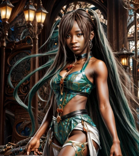 tiana,celtic queen,goddess of justice,dark elf,malachite,female warrior,warrior woman,emerald,lady honor,the enchantress,fantasy woman,cosplay image,fantasia,hatsune miku,fantasy art,african american woman,vocaloid,cosplayer,zodiac sign libra,fantasy warrior