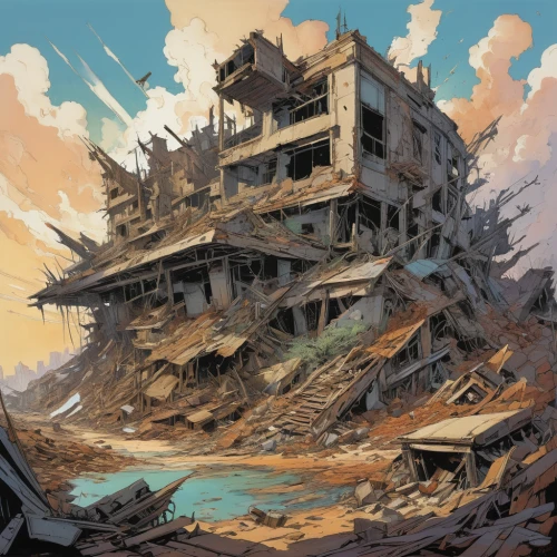 gunkanjima,hashima,post-apocalyptic landscape,ruins,lost place,ruin,rubble,ship wreck,abandoned place,wasteland,destroyed city,lostplace,lost places,abandoned,building rubble,post apocalyptic,post-apocalypse,floating island,wreckage,scrapyard,Conceptual Art,Fantasy,Fantasy 08