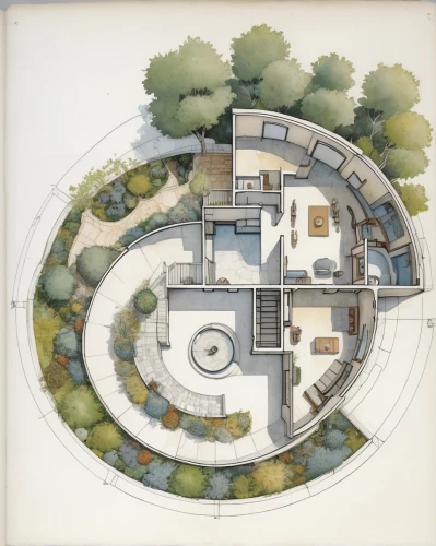 architect plan,house drawing,landscape plan,house floorplan,archidaily,round house,garden elevation,floorplan home,isometric,circular staircase,school design,circle design,garden buildings,floor plan,kirrarchitecture,residential,japanese architecture,garden design sydney,orthographic,futuristic architecture,Illustration,Paper based,Paper Based 29