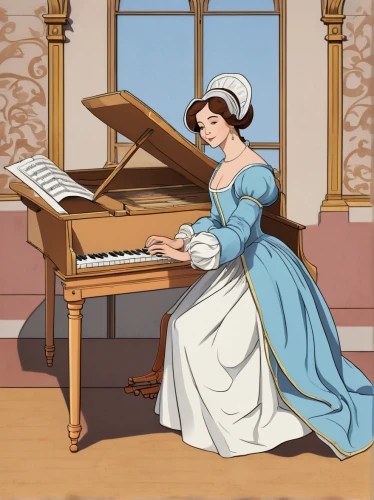 jane austen,pianist,piano lesson,clavichord,vintage ilistration,piano,woman playing,girl studying,harpsichord,composing,pianet,concerto for piano,fortepiano,spinet,girl at the computer,serenade,piano player,play piano,player piano,writing or drawing device,Illustration,Japanese style,Japanese Style 07