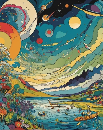 psychedelic art,space art,solar system,vincent van gough,the solar system,planet eart,panoramical,planets,background image,planetary system,tapestry,astronomy,alien planet,the earth,the universe,scene cosmic,planet,copernican world system,planet alien sky,mother earth,Illustration,American Style,American Style 13