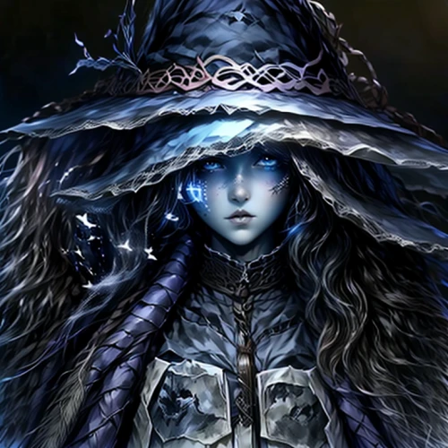 blue enchantress,winterblueher,the snow queen,suit of the snow maiden,ice queen,sorceress,the hat of the woman,violet head elf,dark elf,the enchantress,witch's hat icon,the blue eye,priestess,fantasy portrait,fantasy art,celtic queen,the hat-female,sterntaler,elven,sapphire