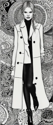 cruella de ville,cruella,spy visual,black coat,coat,long coat,overcoat,fashion illustration,trench coat,girl-in-pop-art,woman in menswear,paper doll,calyx-doctor fish white,matryoshka,shinigami,black white,monochrome,fashion vector,fur coat,occult,Illustration,Black and White,Black and White 11