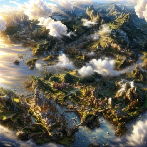 sea of clouds,cloud mountains,terraforming,cloud mountain,aerial landscape,mountain world,fantasy landscape,archipelago,floating islands,floating island,an island far away landscape,skyland,fantasy world,aeolian landform,mountainous landforms,above the clouds,dream world,violet evergarden,continents,the continent